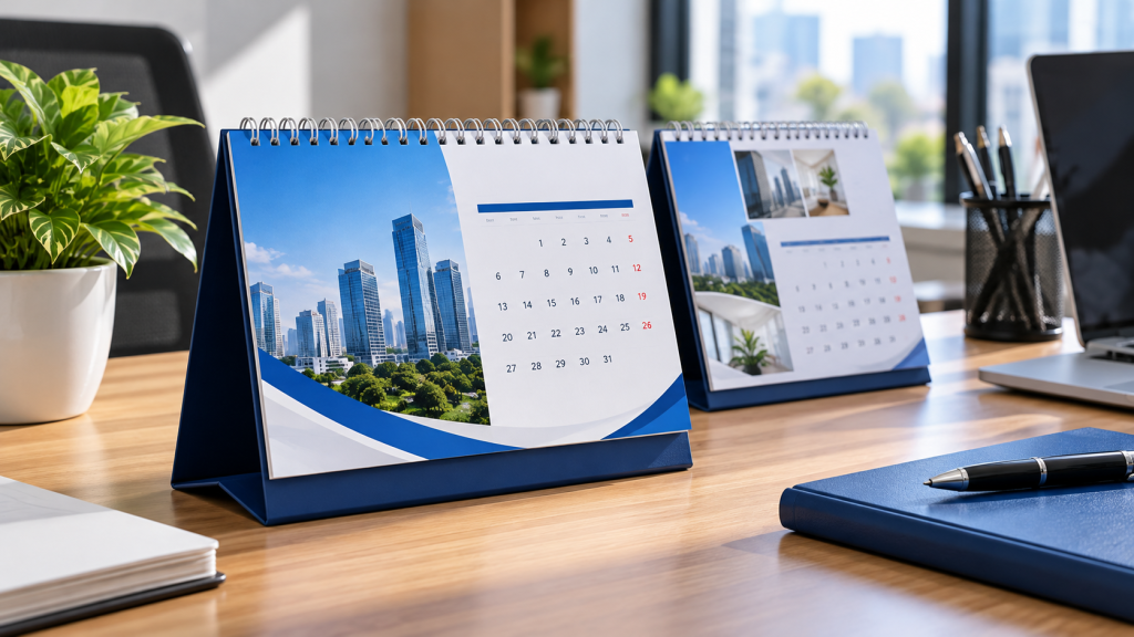 Kalender meja dengan desain profesional sebagai media promosi perusahaan.