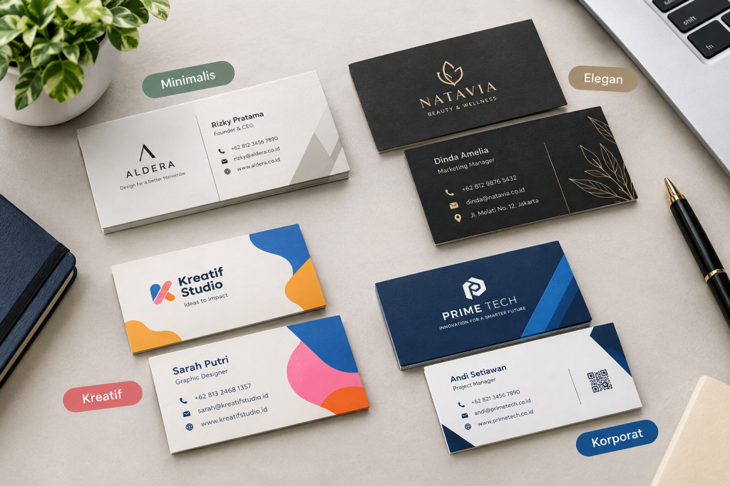 Contoh desain kartu nama profesional dengan gaya minimalis, elegan, kreatif, dan korporat