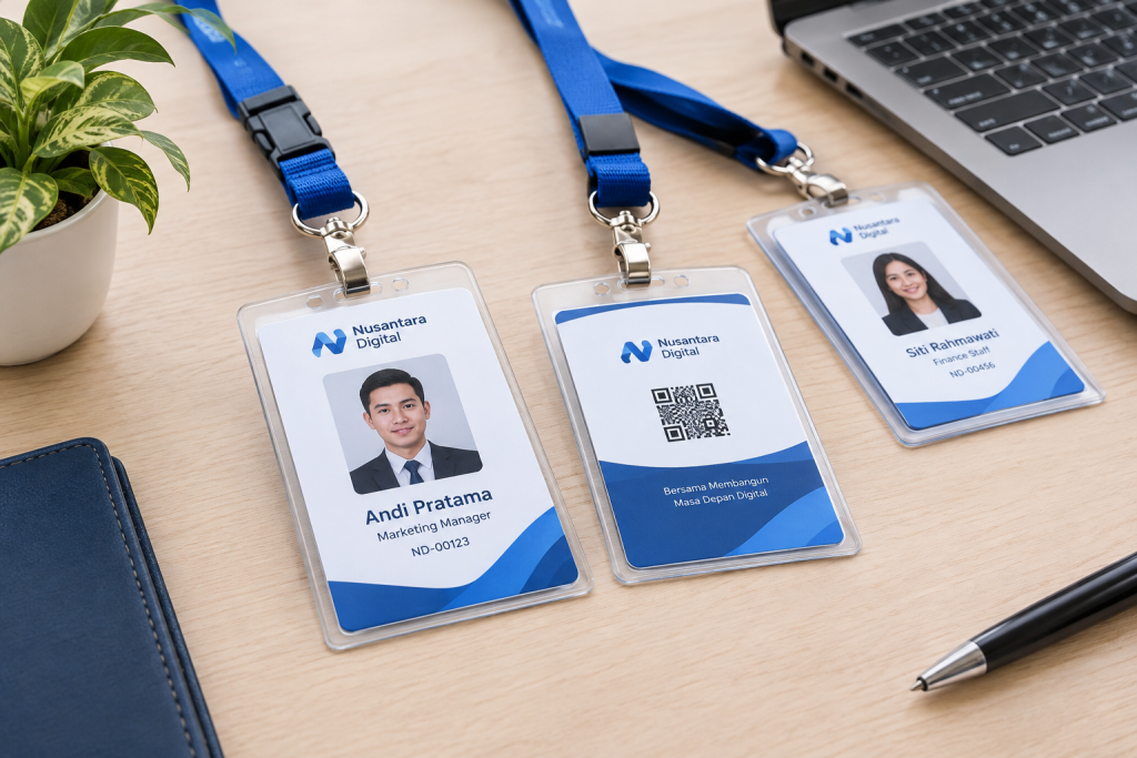 Contoh ID card karyawan dengan desain profesional dan lanyard biru