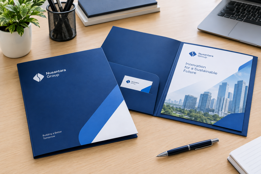 Contoh map perusahaan dengan desain profesional berwarna biru untuk menyimpan dokumen bisnis.