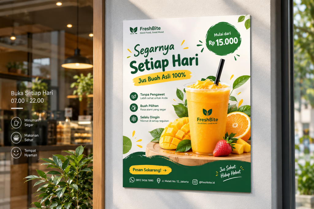 Contoh desain poster promosi minuman jus buah yang menarik dan mudah dibaca